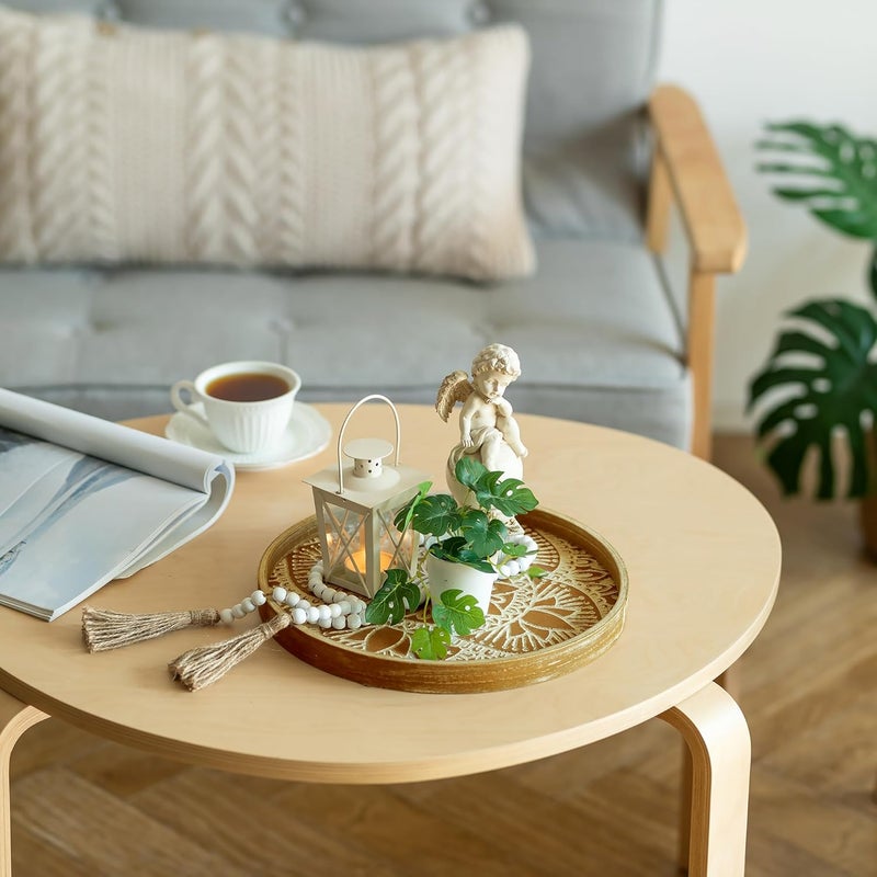 Hanobe Round Decorative Tray for Centerpiece: 2Pcs Vintage Coffee Table Trays with Boho Bead Garlandfor Home Decor - Farmhouse Wood Serving Platter Circle for Kitchen Counter Women - Image 5
